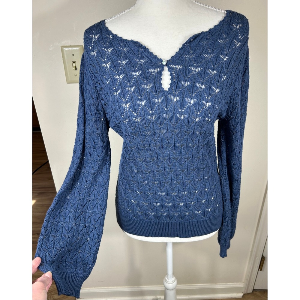 Sundance Pointelle Knit Sweater Women PS Blue Boho Chic Cotton‎ Modal Cottage